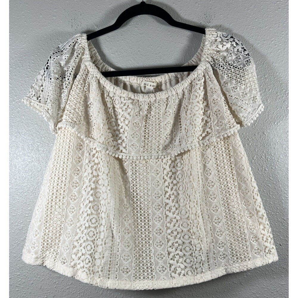 Miami by Francesca's Crochet Top Short Sleeve Shirt Cream Woven Lace Cotton M